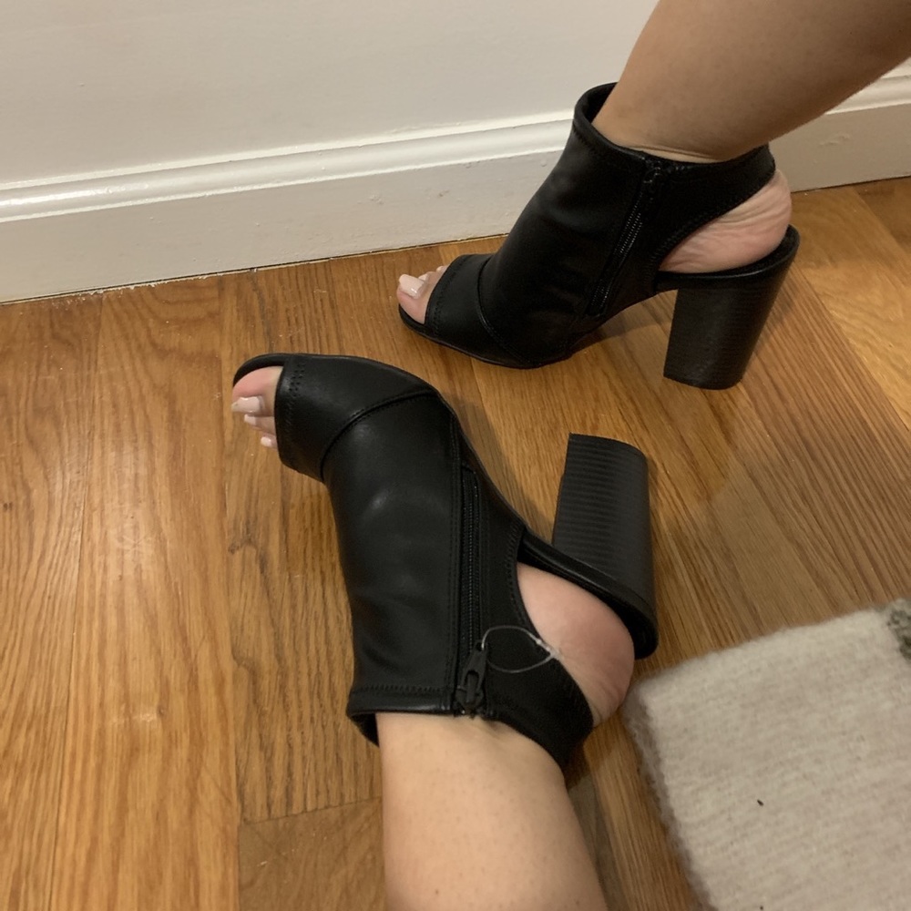 black leather peep toe heels